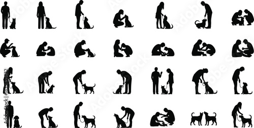 Collection of Vector Silhouettes Illustrating Human-Pet Bond, Including Owners Walking, Interacting, Training, and Showing Affection to Their Dogs and Cats