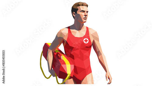 Low poly lifeguard with rescue buoy in red swimsuit