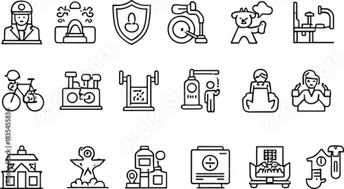 Essential Line Icons Set Featuring Security, Fitness, Cleaning, Healthcare, Tailoring, Transportation, Home Living, Martial Arts, and Public Services