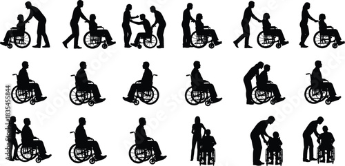Diverse Vector Silhouette Set of People in Wheelchairs, Including Individuals Alone and Receiving Assistance from Caregivers, Doctors, and Family Members
