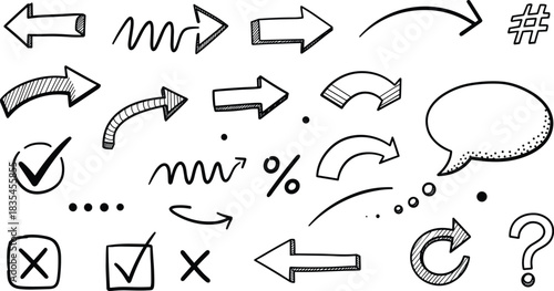 Hand-drawn sketchy arrows, check marks, symbols, icons, and signs for presentations, notes, infographics, and visual communication design elements.
