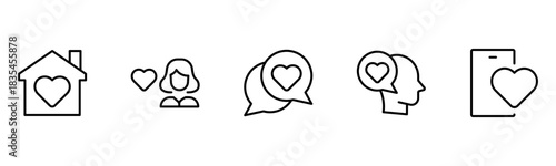 Heart, love, care, help, charity, and donation outline icons are set isolated on a white background in a flat vector illustration.