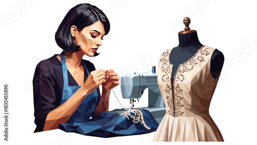 Woman sewing embroidery on dress beside sewing machine in low poly art style