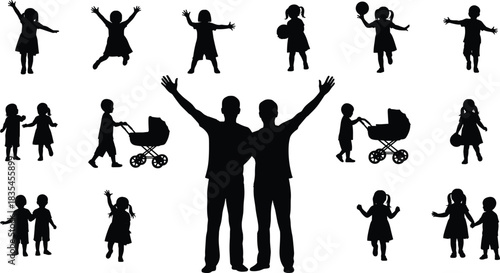 Happy family, parents, and children playing silhouettes vector set, symbolizing childhood, joy, community, and parental love for diverse design projects and graphics