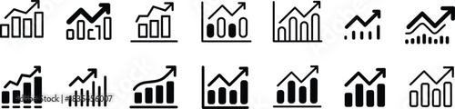 Set of upward trend graph icons showing financial growth, business success, data analytics, and performance charts in modern vector style.