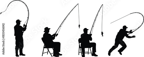 Set of Four Fisherman Silhouettes Isolated on White Background, Showing Casting, Waiting, and Catching Fish for Outdoor and Hobby Designs