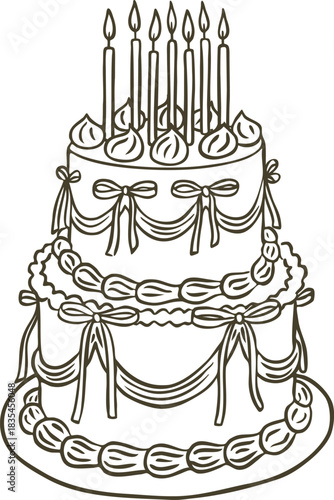 Happy Birthday cake two tier with burning candles, vector doodle celebration festive treat dessert decorated with bows