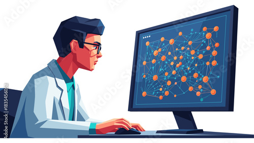 Data scientist analyzing complex network on computer screen in modern office setting