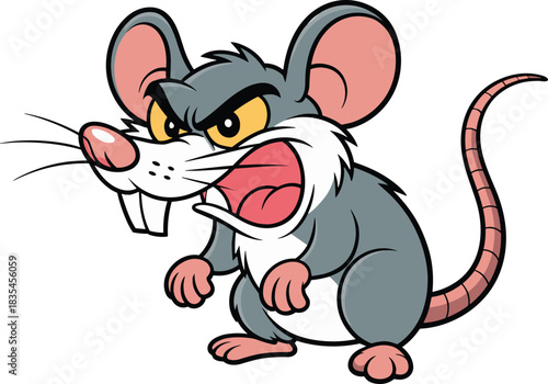 Angry cartoon rat vector illustration with exaggerated features, clenched paws, fierce eyes, and expressive posture for character design and storytelling