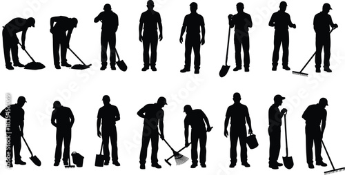 Set of workers, gardeners, and laborers in silhouette holding various tools like shovels and rakes, ideal for construction and maintenance themes