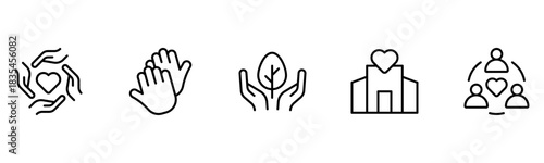 Heart, love, care, help, charity, and donation outline icons are set isolated on a white background in a flat vector illustration.