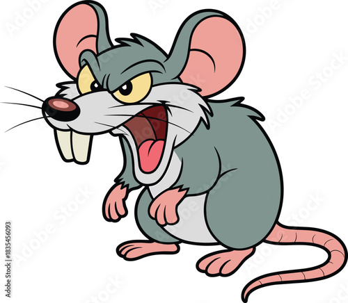 Angry cartoon rat vector illustration with exaggerated features, fierce expression, open mouth, and aggressive posture for character design and storytelling