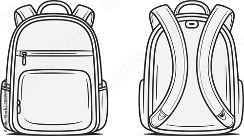Backpack technical illustration set, front and rear views with zipper compartments, padded straps, ergonomic design, vector drawing, white background