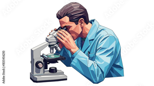 Scientist observing samples through microscope in detailed style