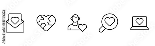 Heart, love, care, help, charity, and donation outline icons are set isolated on a white background in a flat vector illustration.