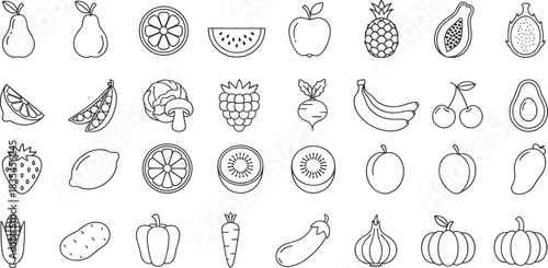 Outline and Line Icons Collection of Various Fruits, Vegetables, and Berries: Healthy Food and Organic Produce, Simple Black and White Vector Illustration for Design and Web.