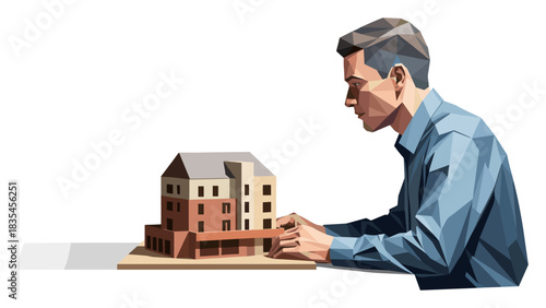 Architect examining modern architectural model in low poly style