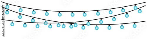 A festive arrangement of three strands of blue string lights against a plain white background space , glowing holiday lights garland bulbs, twinkling fairy lights glow
