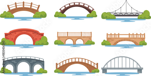 Bridge illustration set, cartoon vector collection of arched, flat, suspension styles, wood stone metal designs, landscape clipart, isolated white background