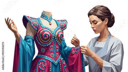 Designer crafting intricate fashion mannequin with colorful embellishments