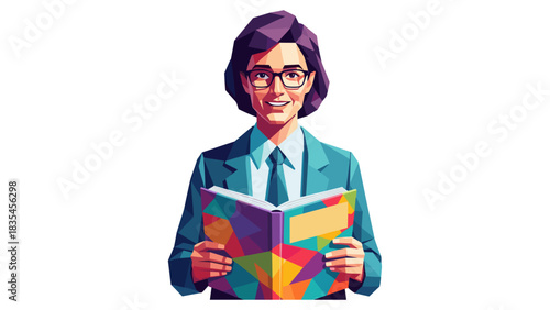 Geometric portrait of person reading a book in colorful design