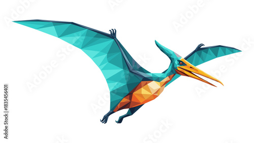 Colorful low poly pterodactyl in flight with geometric design elements
