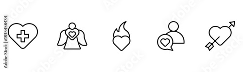 Heart, love, care, help, charity, and donation outline icons are set isolated on a white background in a flat vector illustration.