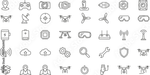 Remote Control, Camera, Signal, and GPS Location, Simple Black Outline Vector Illustration for App Design.