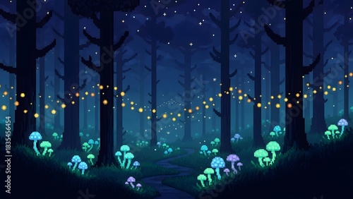 Enchanted Pixel Forest at Night with Glowing Mushrooms and String Lights perfect for game background, website banner, wallpaper, digital art project, fantasy