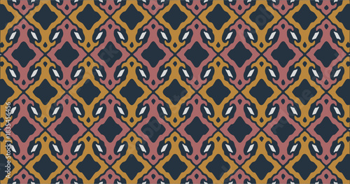 Colorful ornamental pattern with repeating geometric and curved motifs creating a rich seamless decorative background.