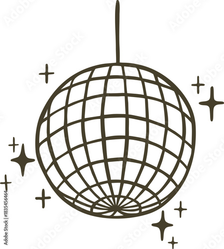 Glowing disco ball vector doodle, shiny hanging mirror sphere with sparkles, music night dance club party decoration