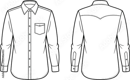 Button-up shirt technical illustration set, front and back views with collar, pocket, cuff, and yoke details, black-and-white vector drawing