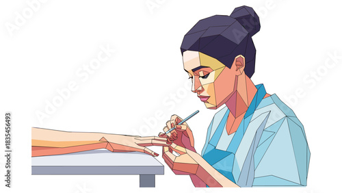 Geometric art of woman applying nail polish in salon scene