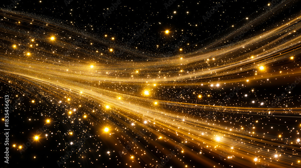Obraz premium Golden light streaks flowing across a star-filled background, creating a dynamic abstract scene with sparkling particles