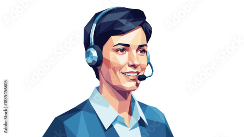 Colorful low poly customer service representative with headset in geometric style