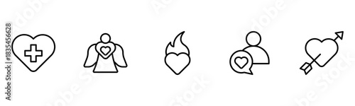 Heart, love, care, help, charity, and donation outline icons are set isolated on a white background in a flat vector illustration.