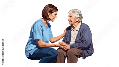 Caregiver comforting elderly woman in geometric style artwork