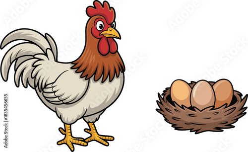 Cartoon chicken and nest illustration, farm animal with five eggs, colorful vector drawing, white background, agriculture and biology educational design