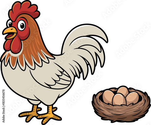 Cartoon chicken and nest illustration, farm animal with eggs, colorful vector drawing, white background, agriculture and biology educational design