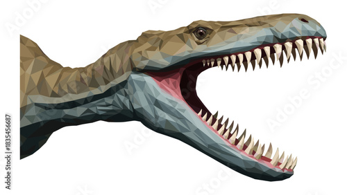 Low poly dinosaur head with open mouth and sharp teeth on white background