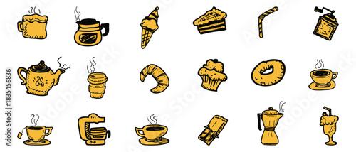 Vector Hand drawn coffee and pastry icons with steaming beverages and sweet treats for menu design