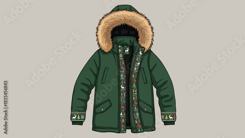 A green winter parka jacket with a fur lined hood and festive christmas themed trim featuring reindeer and trees on a plain background