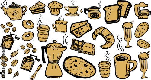 Vector Hand drawn coffee and pastry collection for cafe or bakery menu design with retro style and warm tones