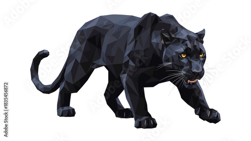 Geometric black panther walking forward with intensity on white background