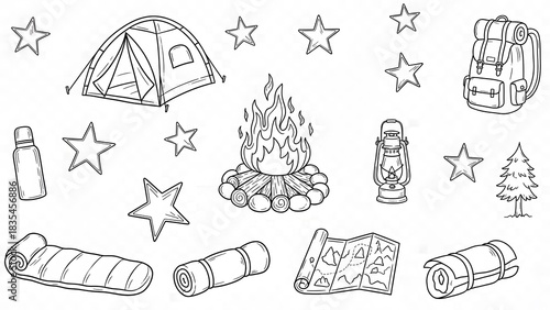 Hand-Drawn Camping and Outdoor Adventure Icon Set perfect for website design, educational materials, printables, greeting cards, t-shirt design, children's