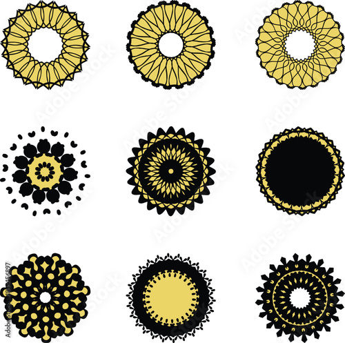 Vector Set of nine abstract circular designs with intricate patterns and varied color palettes 