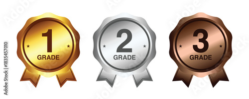 Three grade awards in gold silver and bronze color with stars and ribbons on a white background