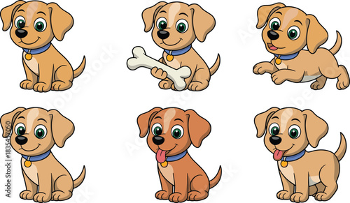 Cartoon puppy illustration set, six cute dog poses, sitting and standing, playful expressions, vector drawing, character design, children’s content, pet theme