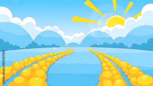 Vibrant Cartoon Landscape with Golden Paths and Sunrise perfect for Website banner, children's book illustration, educational material, presentation background,