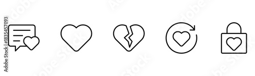 Heart, love, care, help, charity, and donation outline icons are set isolated on a white background in a flat vector illustration.